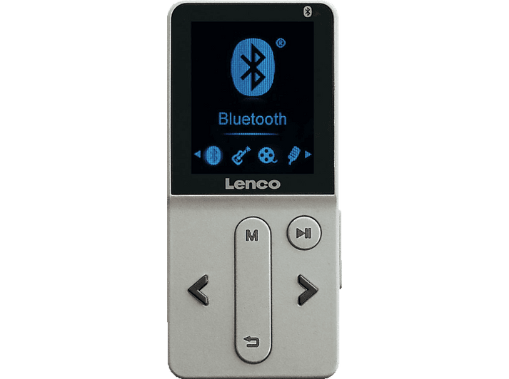 Lecteur MP3 Bluetooth Lenco. L'écran affiche un symbole Bluetooth. Boutons de contrôle visibles.