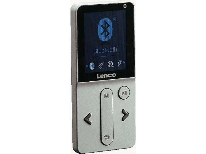 Lecteur MP3 Lenco argenté avec écran affichant l'icône Bluetooth.