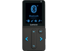 Lecteur MP3 noir avec un écran bleu affichant un symbole Bluetooth et des icônes. Boutons bleus.