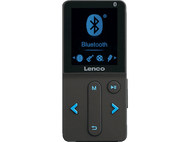 Lecteur MP3 noir avec un écran bleu affichant un symbole Bluetooth et des icônes. Boutons bleus.