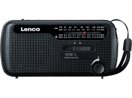 Une radio Lenco noire avec une molette de réglage et un affichage de fréquence numérique.
