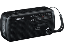 Charger l&#39;image dans la galerie, Radio portable Lenco noire avec une lampe de poche et un cadran de réglage. Elle a une sangle.
