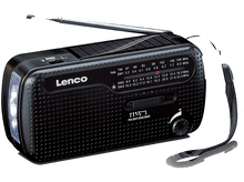Charger l&#39;image dans la galerie, Une radio Lenco noire avec un panneau solaire et une lampe de poche. Elle a une dragonne.
