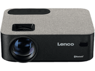 Projecteur Lenco gris avec des accents noirs, montrant l'objectif et les commandes.