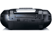 Charger l&#39;image dans la galerie, Dos d&#39;une boombox noire avec une antenne et des entrées. Marque Lenco.
