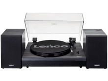 Charger l&#39;image dans la galerie, Une platine vinyle Lenco noire et grise avec deux enceintes noires sur fond blanc.
