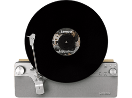 Platine Lenco avec un disque. Design gris et bois. Enjoy Music est écrit sur le disque.