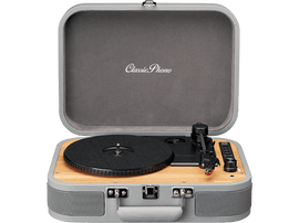 Platine Classic Phono grise ouverte. Disque noir en rotation. Panneau en bois.