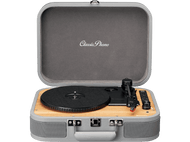 Platine Classic Phono grise ouverte. Disque noir en rotation. Panneau en bois.