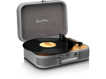 Charger l&#39;image dans la galerie, Platine Classic Phono grise ouverte. Disque noir en rotation. Panneau en bois.
