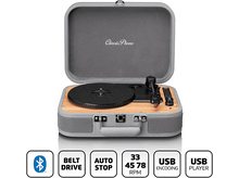 Charger l&#39;image dans la galerie, Platine Classic Phono grise avec icônes. Disque en rotation. Panneau en bois.
