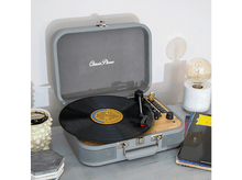Charger l&#39;image dans la galerie, Platine Classic Phono grise ouverte avec disque en rotation. Ampoule et dessous de verre.

