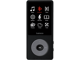 Lecteur de musique noir avec icônes pour musique, Bluetooth, vidéo et paramètres.