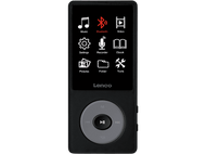 Lecteur de musique noir avec icônes pour musique, Bluetooth, vidéo et paramètres.