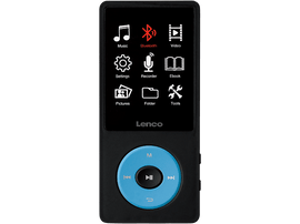 Lecteur MP3 Lenco. Noir avec bouton central bleu. Icônes pour musique, Bluetooth et paramètres affichées.