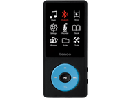 Lecteur MP3 Lenco. Noir avec bouton central bleu. Icônes pour musique, Bluetooth et paramètres affichées.