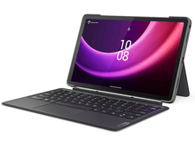 Charger l&#39;image dans la galerie, Une tablette Lenovo avec un étui clavier. L&#39;écran affiche un dégradé rose et violet.
