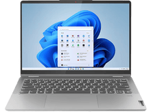 Charger l&#39;image dans la galerie, Un ordinateur portable Lenovo affichant un bureau Windows 11. L&#39;ordinateur portable est argenté et sur une surface sombre.
