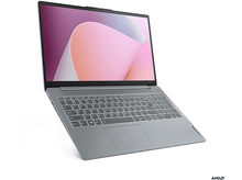 Charger l&#39;image dans la galerie, Un ordinateur portable Lenovo gris avec un fond d&#39;écran rose et blanc, légèrement ouvert en angle.
