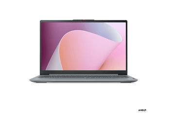 Un ordinateur portable gris avec un fond d'écran abstrait rose et blanc sur fond noir. L'écran est ouvert.