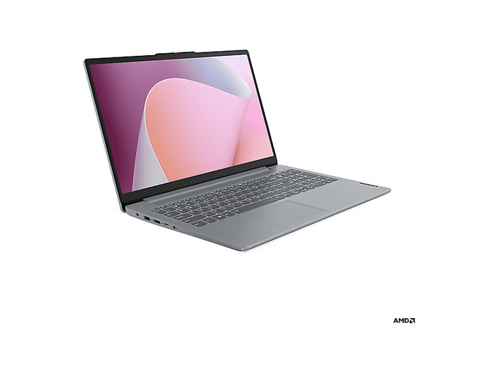 Un ordinateur portable Lenovo gris sur fond blanc, l'écran affiche des formes roses et violettes. Le clavier est visible et l'ordinateur est ouvert.