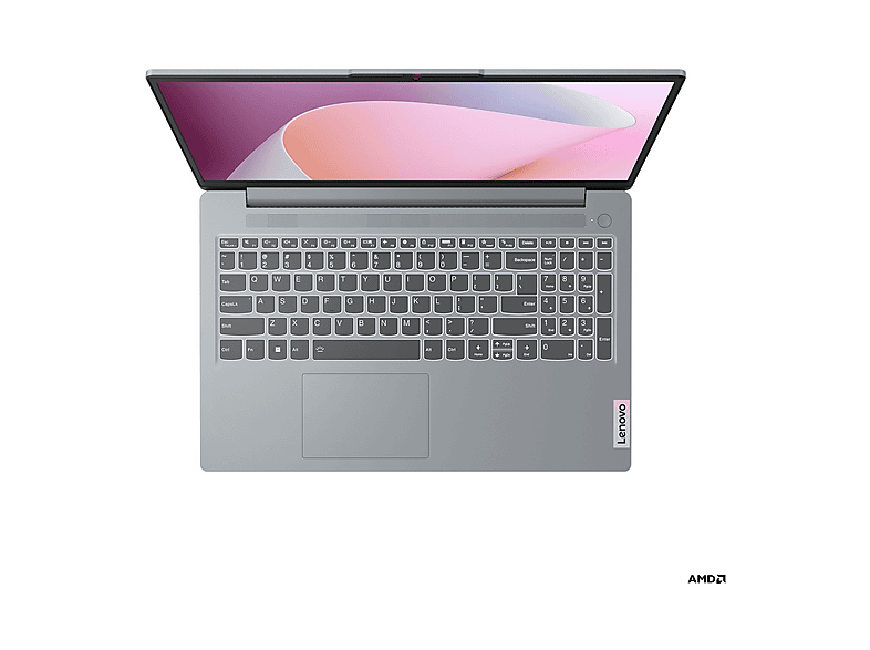 Un ordinateur portable Lenovo gris est ouvert. L'écran affiche un motif abstrait rose clair et blanc. Le clavier est visible et le logo AMD est en bas.