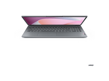 Charger l&#39;image dans la galerie, Un ordinateur portable Lenovo gris est ouvert. L&#39;écran affiche un design rose et blanc. Clavier visible. Logo AMD en bas à droite.
