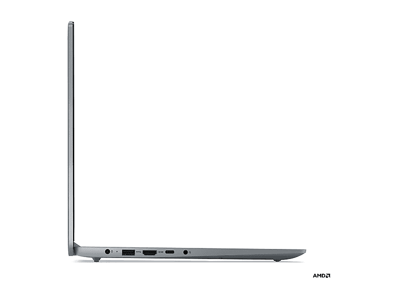 Vue latérale d'un ordinateur portable gris sur une surface blanche. Les ports et le logo AMD sont visibles.