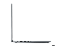 Charger l&#39;image dans la galerie, Vue latérale d&#39;un ordinateur portable gris sur une surface blanche. Les ports et le logo AMD sont visibles.
