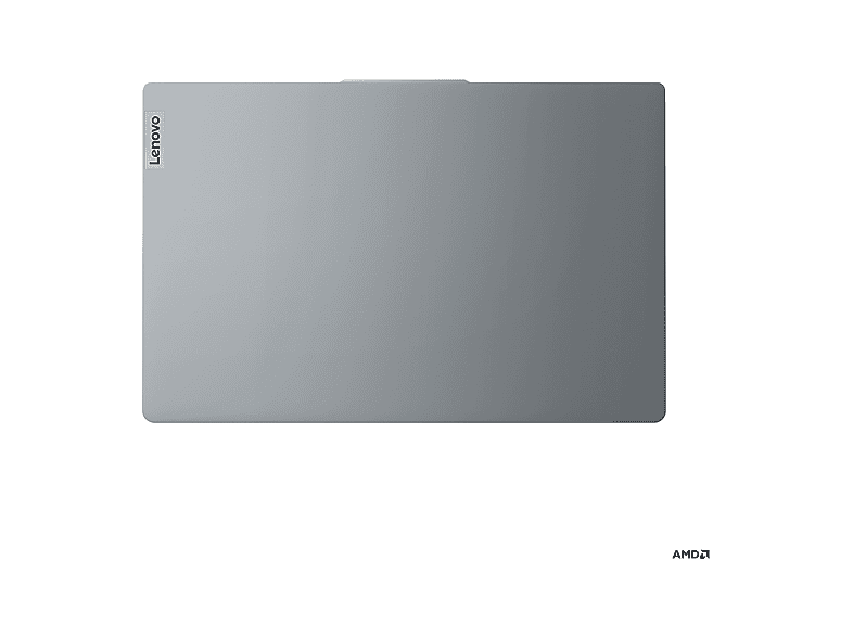 Un ordinateur portable gris fermé avec le logo Lenovo en haut à gauche. Le logo AMD est en bas à droite.