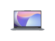 Un ordinateur portable gris avec un écran coloré sur fond noir. L'écran affiche un motif d'ondes violet et bleu.