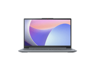 Un ordinateur portable gris avec un écran coloré sur fond noir. L'écran affiche un motif d'ondes violet et bleu.