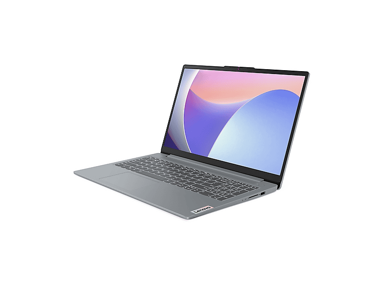 Un ordinateur portable Lenovo gris est ouvert. L'écran affiche des couleurs abstraites bleues, violettes et blanches. Le clavier est visible.