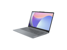 Charger l&#39;image dans la galerie, Un ordinateur portable Lenovo gris est ouvert. L&#39;écran affiche des couleurs abstraites bleues, violettes et blanches. Le clavier est visible.
