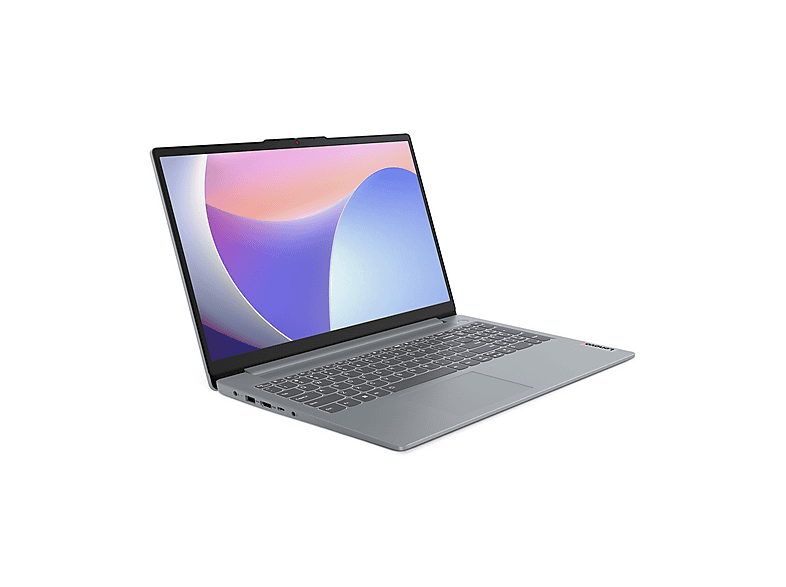 Un ordinateur portable Lenovo gris est ouvert sur une surface blanche. L'écran affiche un design abstrait coloré. Le clavier est visible.