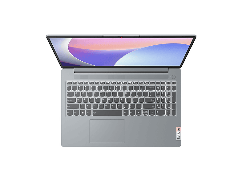 Vue de dessus d'un ordinateur portable Lenovo gris. L'écran est ouvert, montrant une image abstraite colorée. Le clavier est visible.