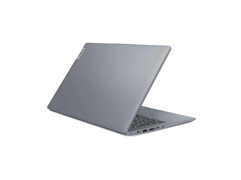Un ordinateur portable Lenovo gris est ouvert sur fond blanc. L'écran est incliné. Le logo Lenovo est visible.