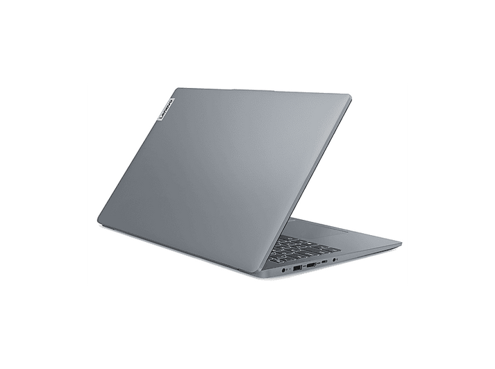 Un ordinateur portable Lenovo gris est ouvert sur fond blanc. L'écran est incliné. Le logo Lenovo est visible.