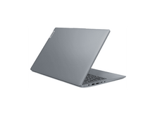 Charger l&#39;image dans la galerie, Un ordinateur portable Lenovo gris est ouvert sur fond blanc. L&#39;écran est incliné. Le logo Lenovo est visible.
