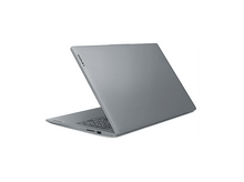 Charger l&#39;image dans la galerie, Un ordinateur portable Lenovo gris est légèrement ouvert. Le logo Lenovo est visible sur le couvercle. Le clavier et les ports sont également visibles.
