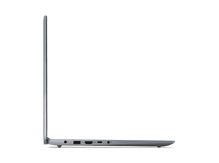 Vue latérale d'un ordinateur portable gris. Les ports incluent une prise casque, USB, HDMI et port de chargement. Fond blanc.