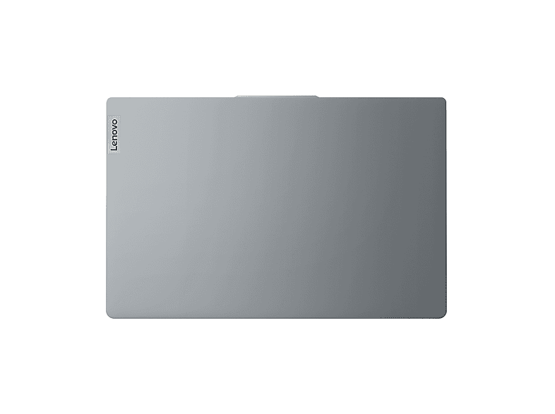 Un ordinateur portable gris sur une surface blanche. Le logo Lenovo est en haut à gauche. L'ordinateur portable est fermé.