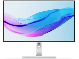 Écran MSI avec support argenté fin. Design abstrait coloré à l