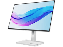 Charger l&#39;image dans la galerie, Un moniteur blanc avec un support blanc, affichant de l&#39;art abstrait bleu et violet, sur fond noir.
