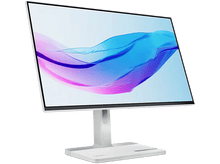 Charger l&#39;image dans la galerie, Moniteur d&#39;ordinateur blanc avec support. Affiche des vagues abstraites bleu-rose.
