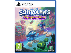 Jaquette de jeu avec des personnages Schtroumpfs dans un monde fantastique coloré. Écrit 
