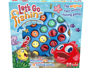 Boîte de jeu Let's Go Fishing. Poissons, cannes à pêche et un personnage poisson rouge.