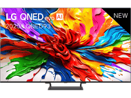 TV LG QNED evo AI affichant une image abstraite vibrante et colorée.
