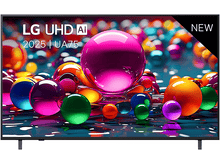 Charger l'image dans la galerie, Écran LG UHD AI TV montrant des sphères colorées, avec étiquette NOUVEAU. Cadre noir et pied.
