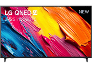 Téléviseur LG QNED affichant de l'art abstrait coloré sur fond noir, avec une étiquette 